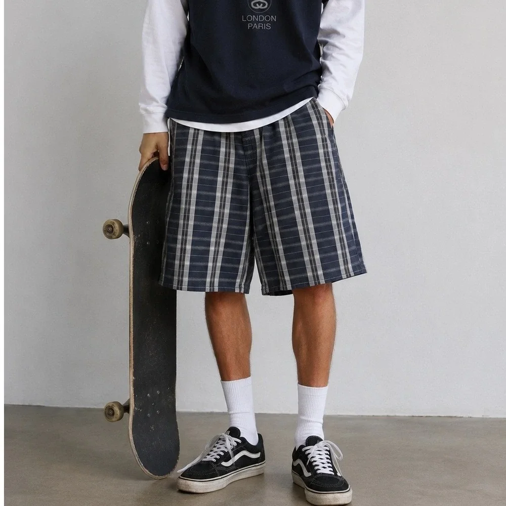 Y2K Dickies Plaid Shorts Mens 38 Navy Grey Flat Front Work Utility Skater Grunge